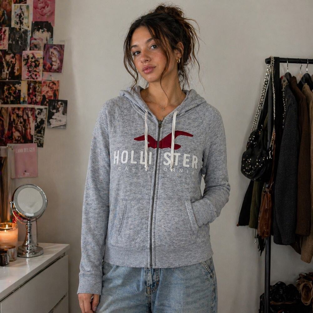 Hollister Gray Full Zip Up Hoodie Size Large Logo Y2K 2000s Casual Streetwear